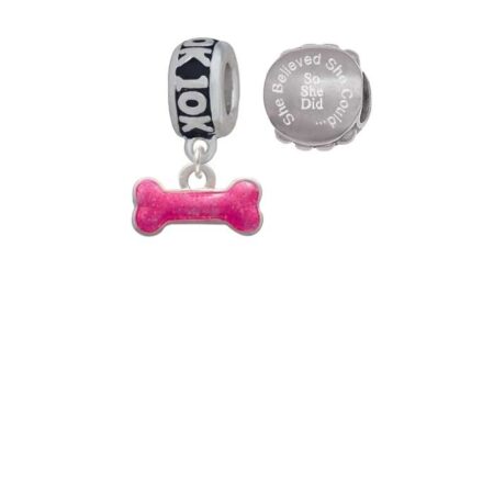 Hot Pink Glitter Dog Bone 10K Run She Believed She Could Charm Beads (Set of 2)