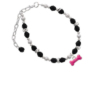 Hot Pink Glitter Dog Bone Black Beaded Bracelet