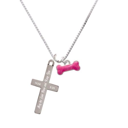 Hot Pink Glitter Dog Bone - Bless and Keep You - Cross Necklace