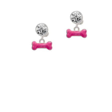 Hot Pink Glitter Dog Bone Crystal Clip On Earrings