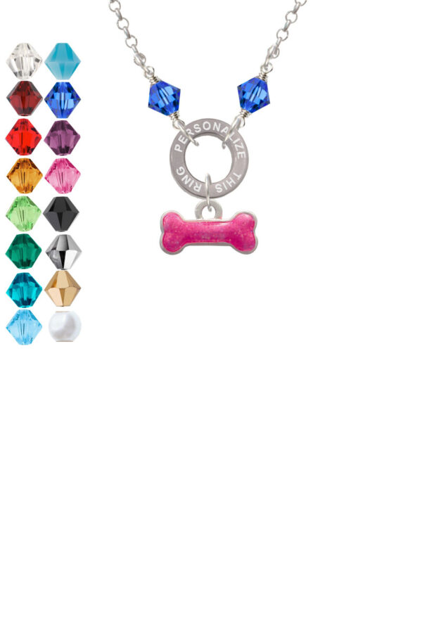 Hot Pink Glitter Dog Bone Custom Engraved Name Ring Crystal Necklace