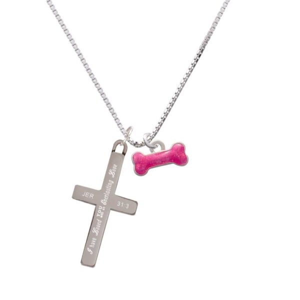 Hot Pink Glitter Dog Bone - Everlasting Love - Cross Necklace