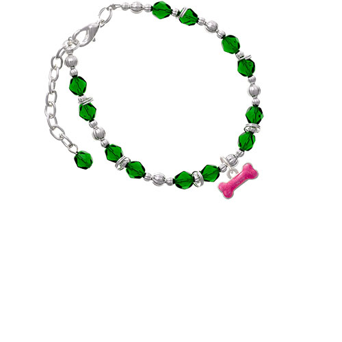 Hot Pink Glitter Dog Bone Green Beaded Bracelet