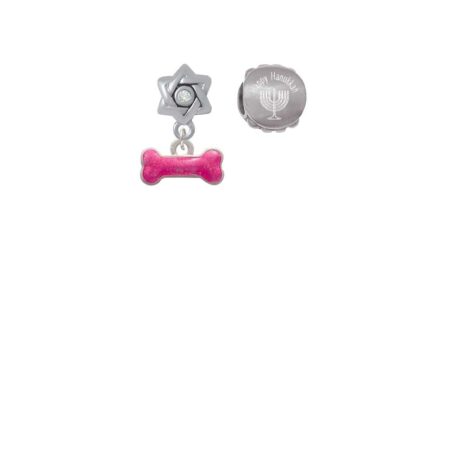 Hot Pink Glitter Dog Bone Happy Hanukkah Charm Beads (Set of 2)