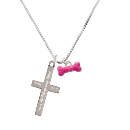 Hot Pink Glitter Dog Bone - I Can Do All Things - Cross Necklace