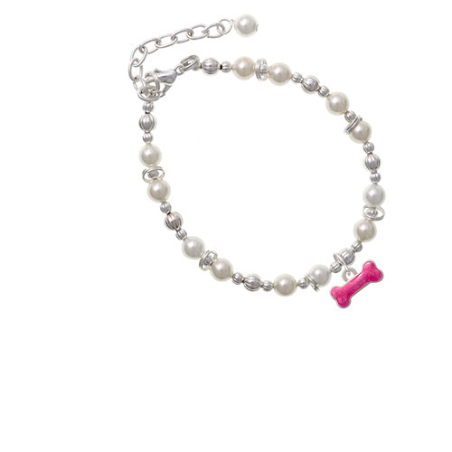 Hot Pink Glitter Dog Bone Imitation Pearl Beaded Bracelet