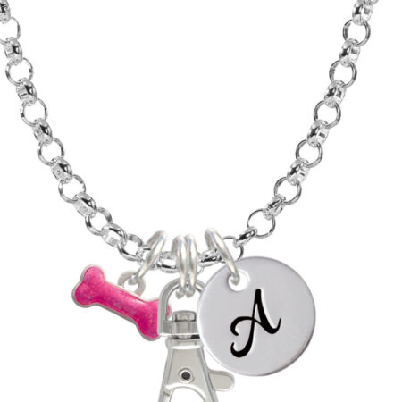 Hot Pink Glitter Dog Bone Initial Badge Clip Necklace