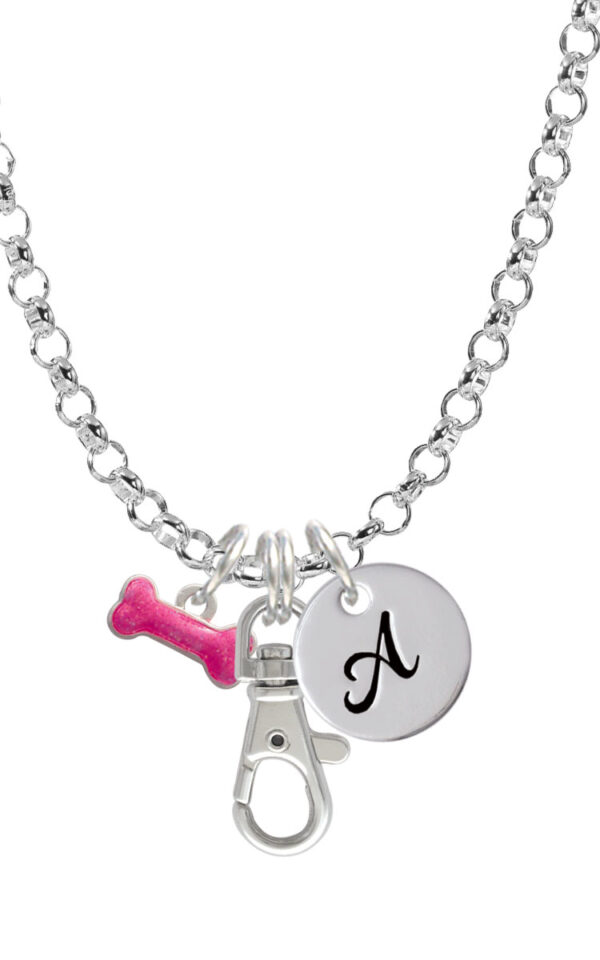 Hot Pink Glitter Dog Bone Initial Badge Clip Necklace