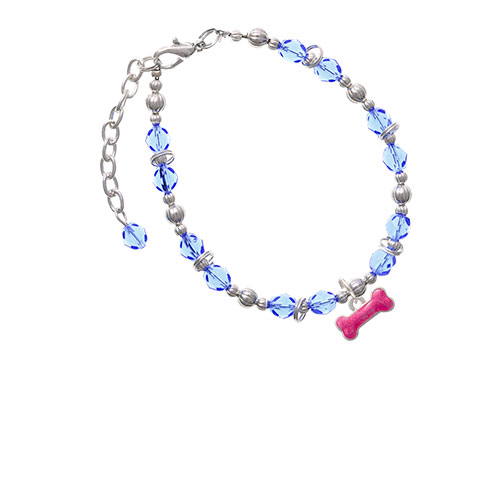 Hot Pink Glitter Dog Bone Light Blue Beaded Bracelet
