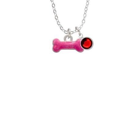 Hot Pink Glitter Dog Bone Necklace with Red Crystal Drop