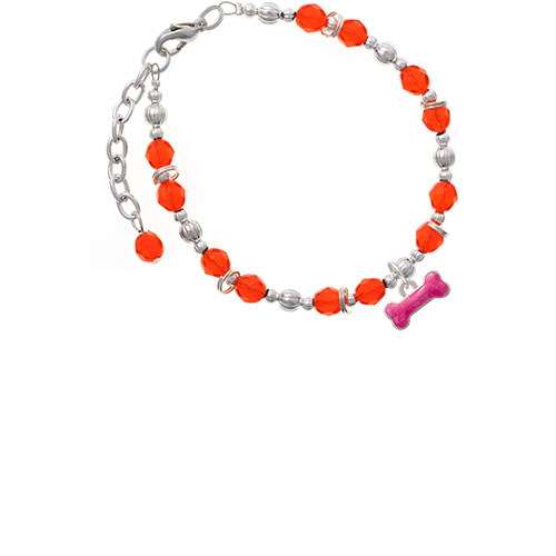 Hot Pink Glitter Dog Bone Orange Beaded Bracelet
