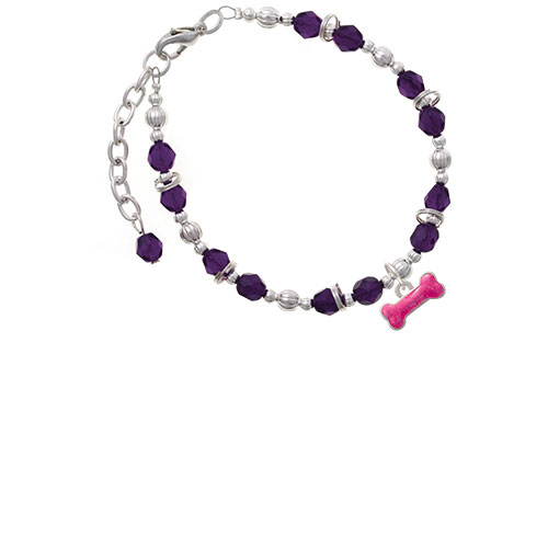 Hot Pink Glitter Dog Bone Purple Beaded Bracelet