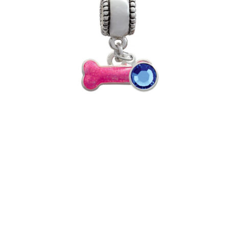 Hot Pink Glitter Dog Bone Silver Plated Charm Bead with Crystal Drop, Select Your Color