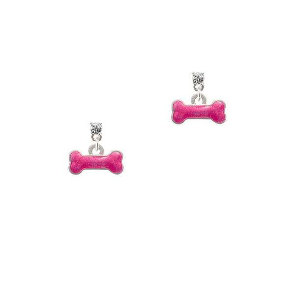 Hot Pink Glitter Dog Bone Silver Plated Crystal Post Earrings, Select Your Color