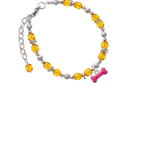 Hot Pink Glitter Dog Bone Yellow Beaded Bracelet