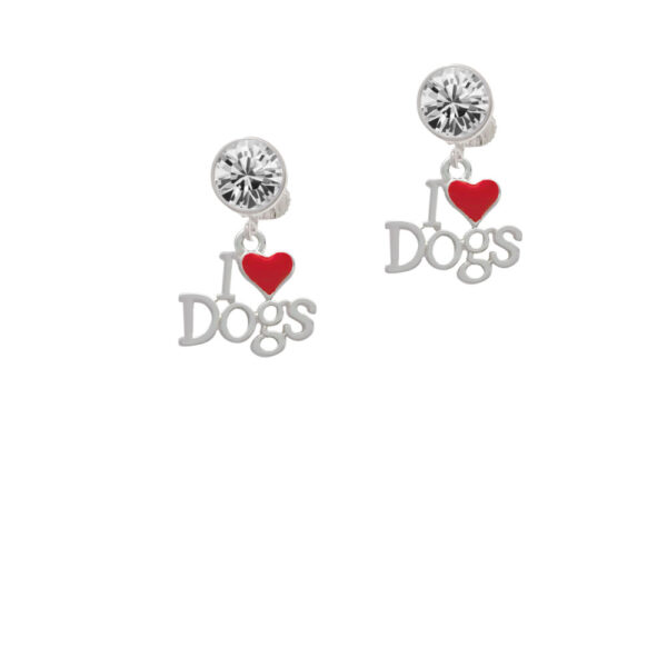 I love Dogs with Red Heart Crystal Clip On Earrings