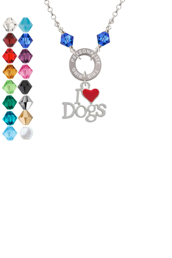 I love Dogs with Red Heart Custom Engraved Name Ring Crystal Necklace