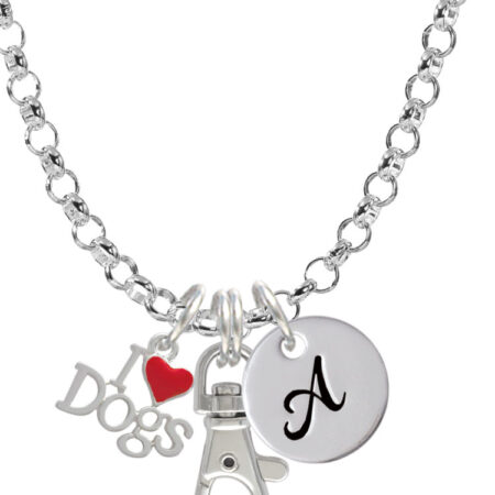 I love Dogs with Red Heart Initial Badge Clip Necklace