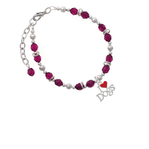 I love Dogs with Red Heart Magenta Beaded Bracelet