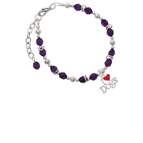 I love Dogs with Red Heart Purple Beaded Bracelet
