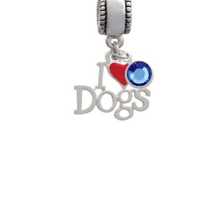 I love Dogs with Red Heart Silver Plated Charm Bead with Crystal Drop, Select Your Color