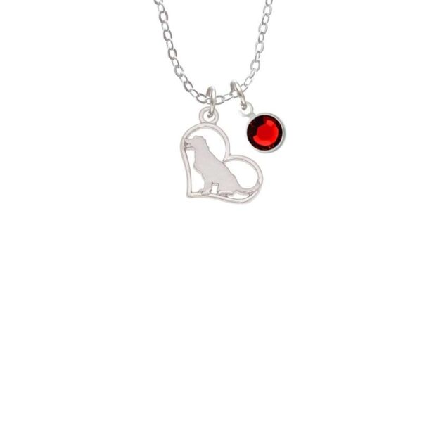 Labrador Silhouette Heart Necklace with Red Crystal Drop