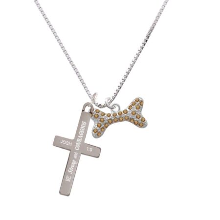 Large Brown Crystal Dog Bone - Strong and Courageous - Cross Necklace