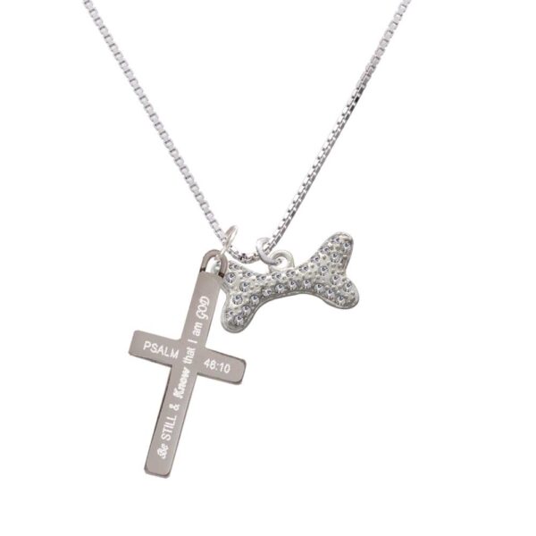 Large Clear Crystal Dog Bone - Be Still and Know - Cross Necklace