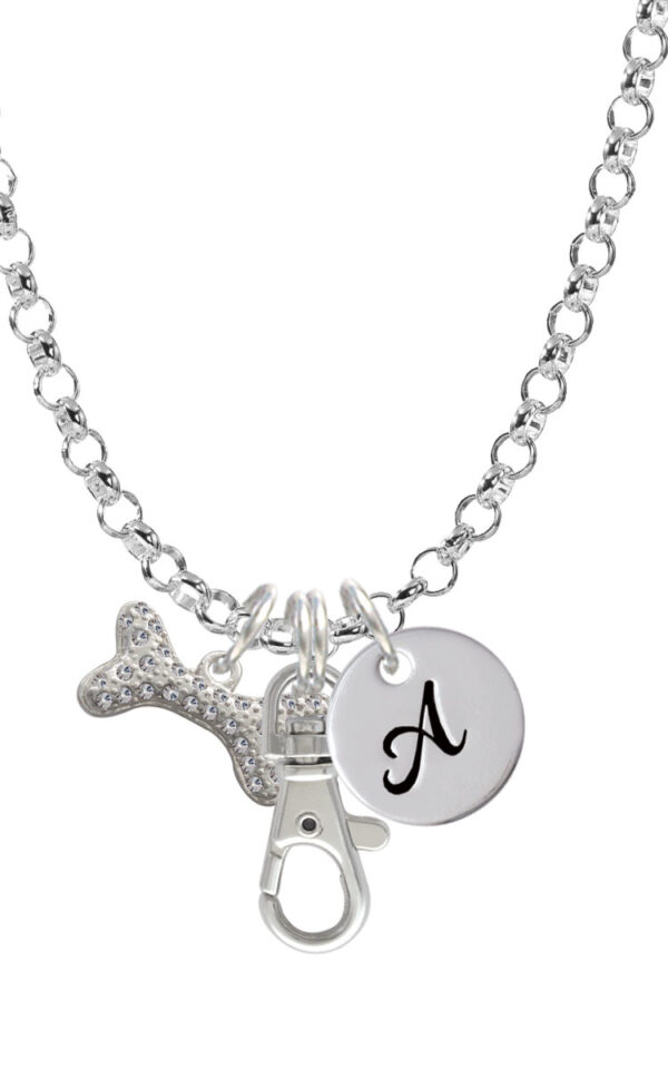 Large Clear Crystal Dog Bone Initial Badge Clip Necklace