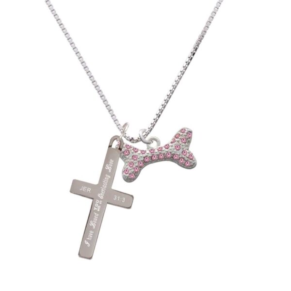 Large Light Pink Crystal Dog Bone - Everlasting Love - Cross Necklace