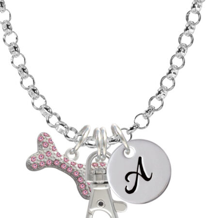 Large Light Pink Crystal Dog Bone Initial Badge Clip Necklace