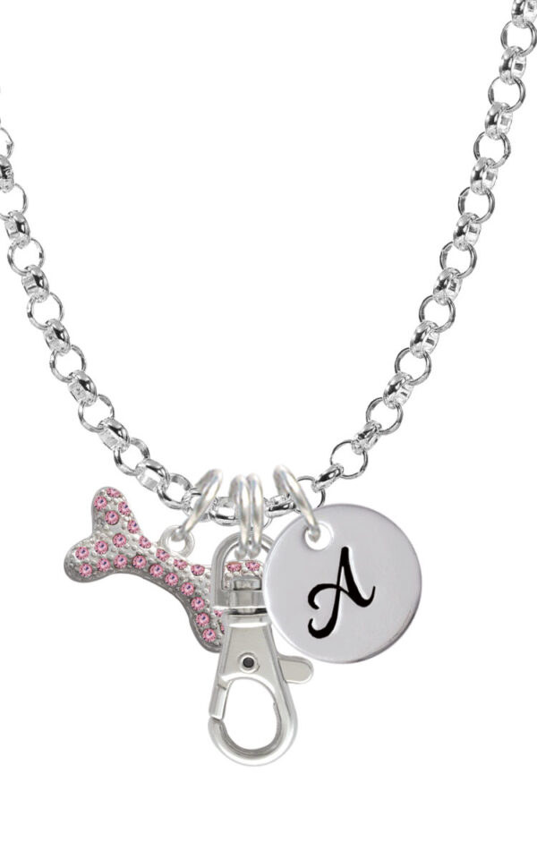 Large Light Pink Crystal Dog Bone Initial Badge Clip Necklace