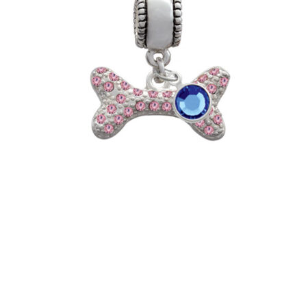 Large Light Pink Crystal Dog Bone Silver Plated Charm Bead with Crystal Drop, Select Your Color