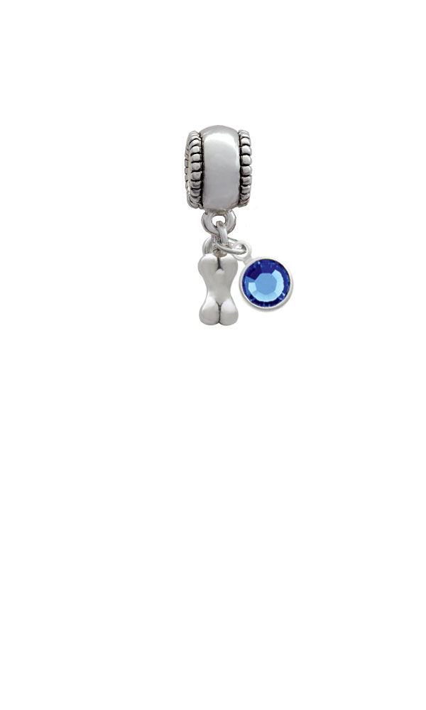 Mini 3-D Dog Bone Silver Plated Charm Bead with Crystal Drop, Select Your Color