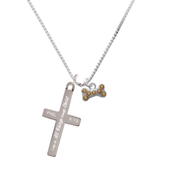 Mini Brown Crystal Dog Bone - I Can Do All Things - Cross Necklace
