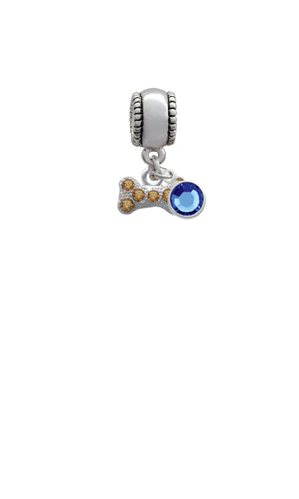 Mini Brown Crystal Dog Bone Silver Plated Charm Bead with Crystal Drop, Select Your Color