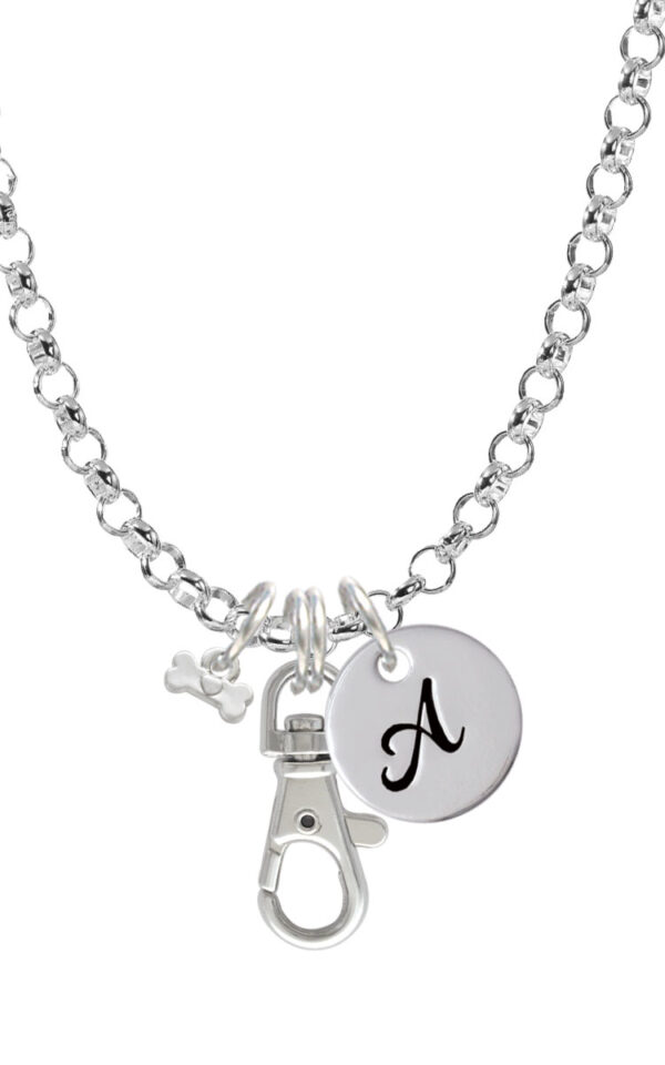 Mini Dog Bone with Heart Initial Badge Clip Necklace