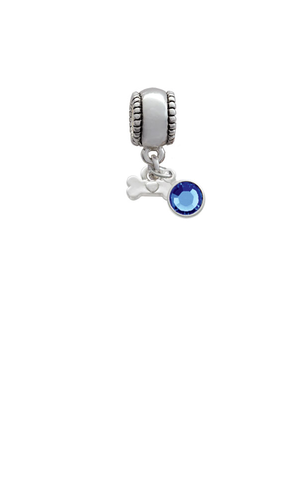 Mini Dog Bone with Heart Silver Plated Charm Bead with Crystal Drop, Select Your Color