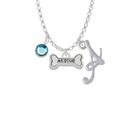 Mini ''Rescue'' Dog Bone - Script Initial and Crystal Charm Necklace