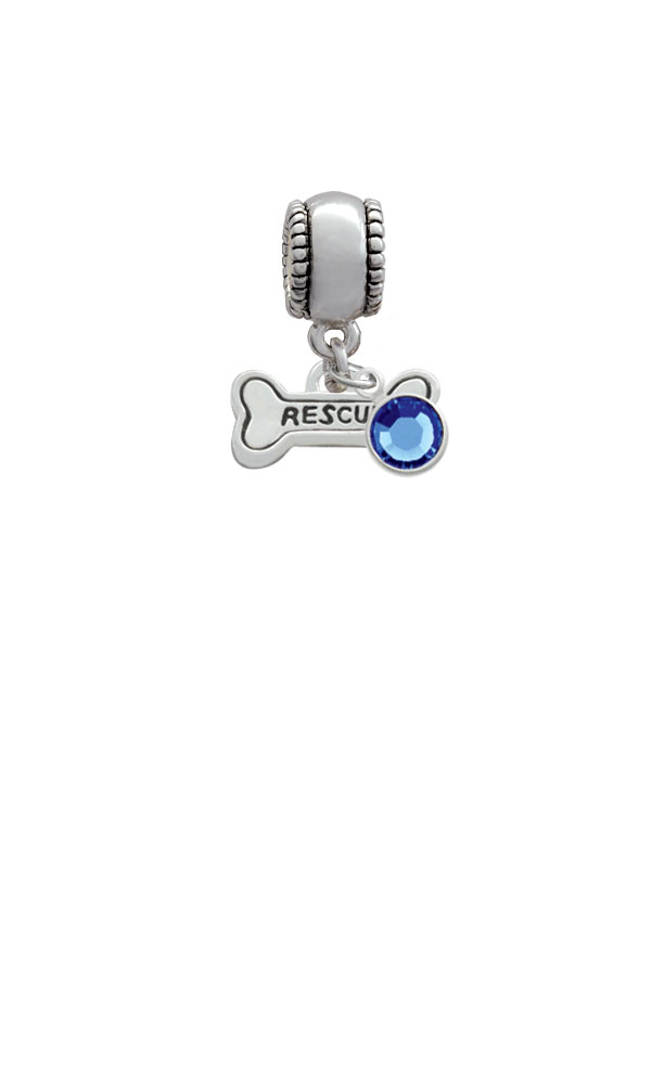 Mini ''Rescue'' Dog Bone Silver Plated Charm Bead with Crystal Drop, Select Your Color