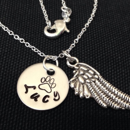 Pet memorial necklace - Hand Stamped - Custom pets name necklace, Engraved dog name, personalized dog name, Paw Print and Angel Wing