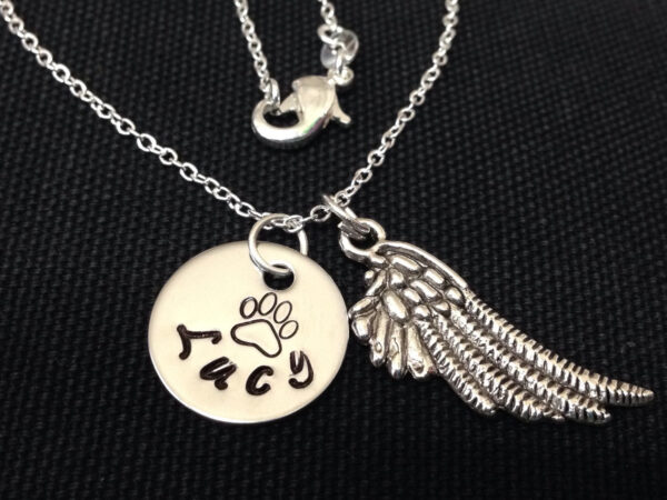 Pet memorial necklace - Hand Stamped - Custom pets name necklace, Engraved dog name, personalized dog name, Paw Print and Angel Wing