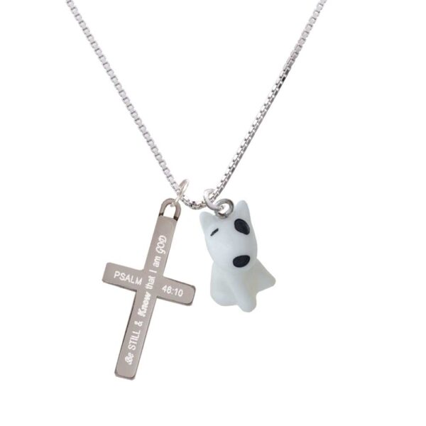Resin White Bull Terrier Dog - Be Still and Know - Cross Necklace