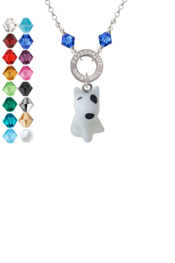 Resin White Bull Terrier Dog Custom Engraved Name Ring Crystal Necklace
