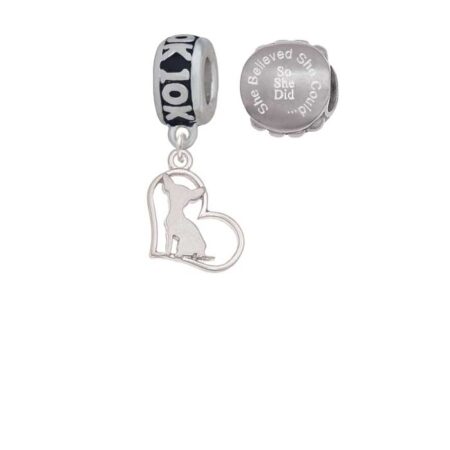 Silvertone Chihuahua Silhouette Heart 10K Run She Believed She Could Charm Beads (Set of 2)