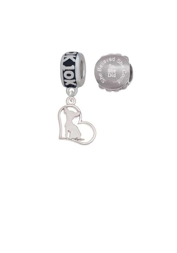 Silvertone Chihuahua Silhouette Heart 10K Run She Believed She Could Charm Beads (Set of 2)