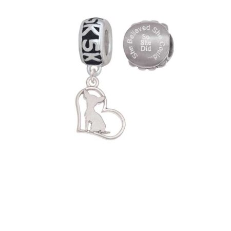 Silvertone Chihuahua Silhouette Heart 5K Run She Believed She Could Charm Beads (Set of 2)