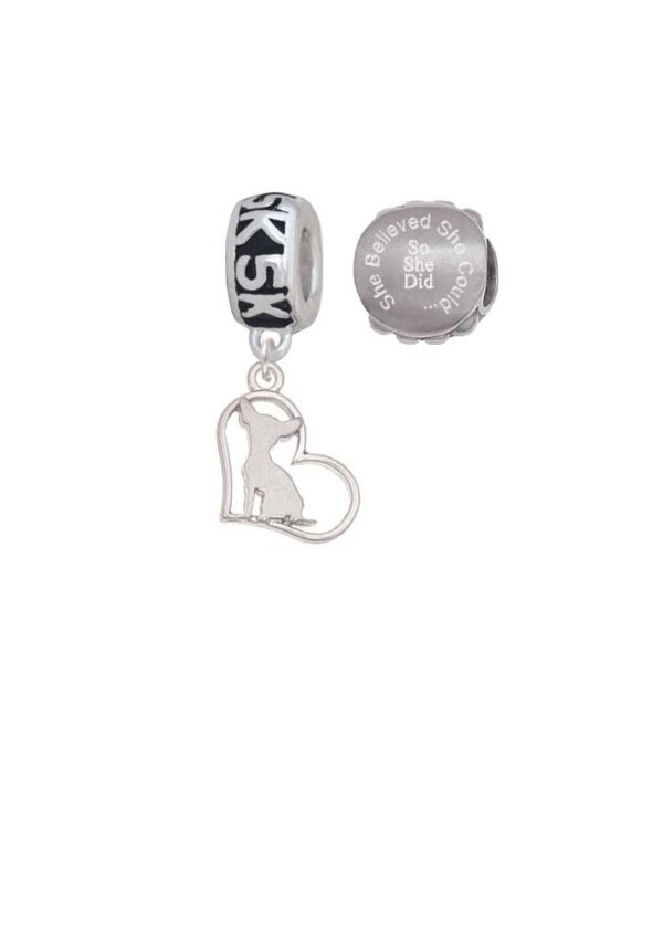 Silvertone Chihuahua Silhouette Heart 5K Run She Believed She Could Charm Beads (Set of 2)