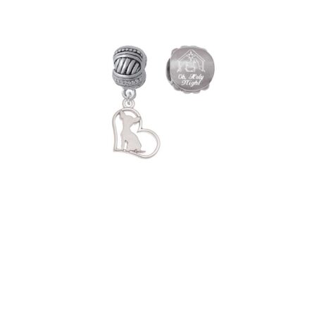 Silvertone Chihuahua Silhouette Heart Come Let us Adore Him Charm Beads (Set of 2)