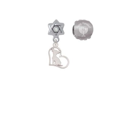 Silvertone Chihuahua Silhouette Heart Happy Hanukkah Charm Beads (Set of 2)